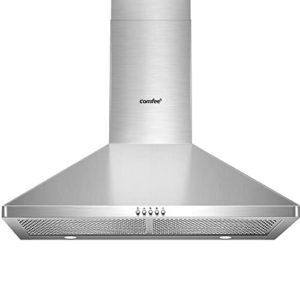 Comfee CVP30W6AST Ducted Pyramid Range 450 CFM Stainless Steel Wall Mount Vent Hood with 3 Speed Exhaust Fan, 5-Layer Aluminum Permanent Filters, Two LED Lights, Convertible to Ductless, 30 inches